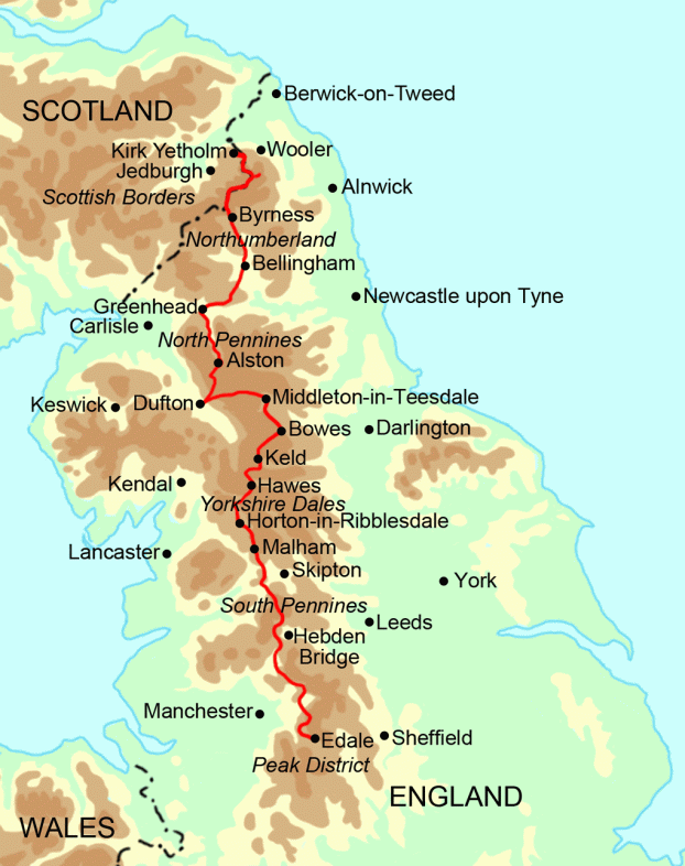 Percorso completo della Spine Race. Partenza da Edale e arrivo a Kirk Yetholm